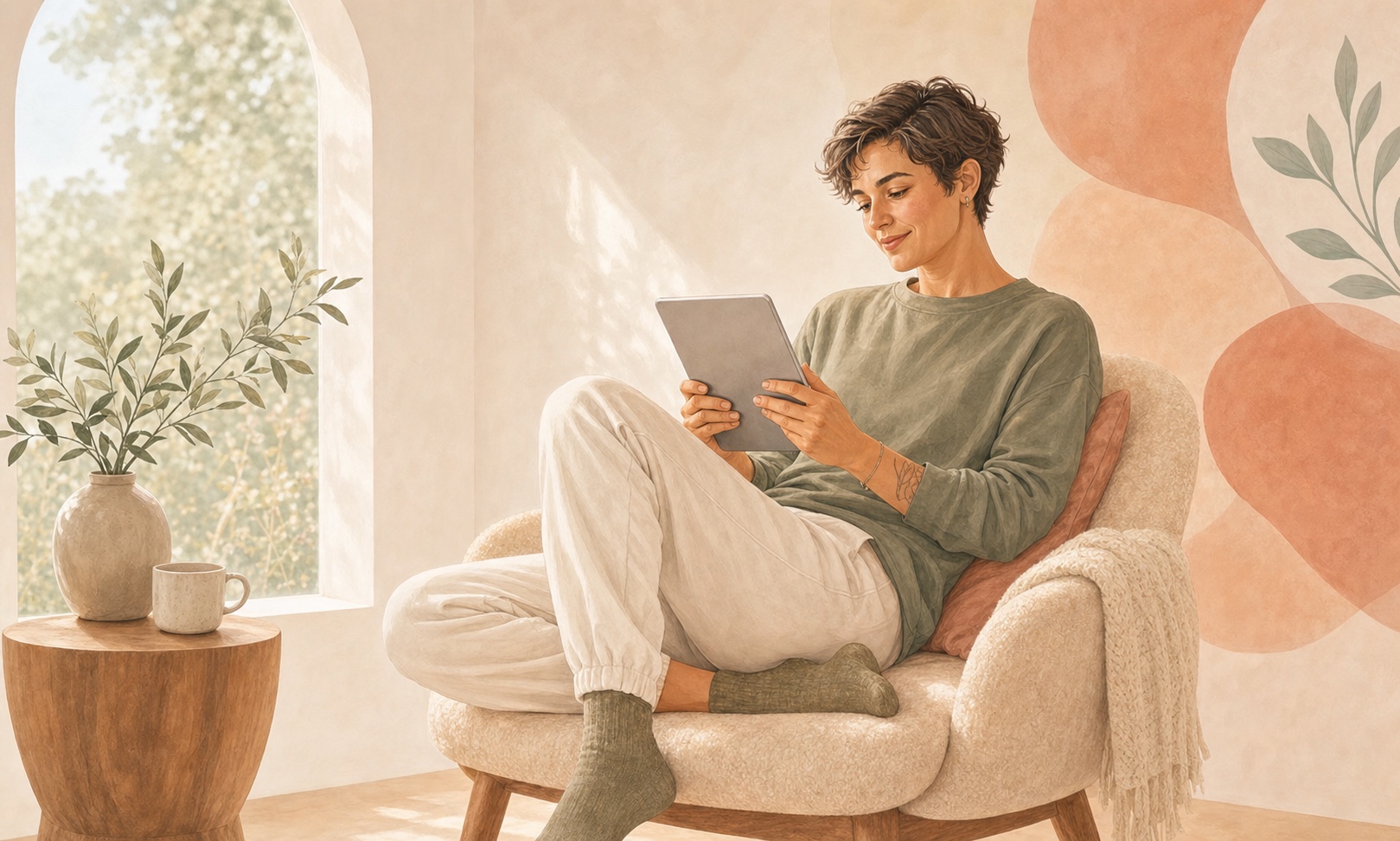 A relaxed person reading helpful health information on a tablet